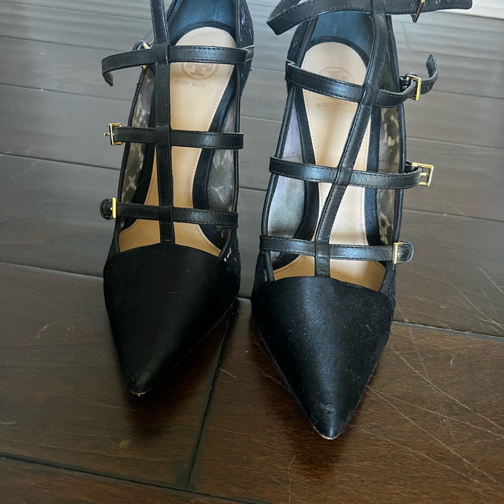 Tory Burch 100mm Sutton leather and lace Black with gold buckles- Women's Heels